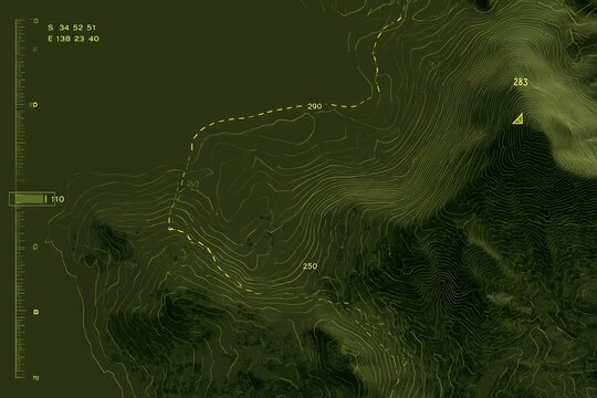 Topographic map showing elevation contours and coordinates, depicting mountainous terrain with peaks marked by altitude measurements.