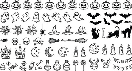 Obraz premium Halloween spooky element vector icon collection featuring pumpkins ghosts bats spiders skulls witches hats black cats and haunted house silhouettes