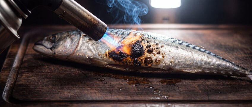 Chef using culinary blow torch to char skin of whole fresh mackerel fish on wooden board, smoky barbecue cooking process, detailed view.