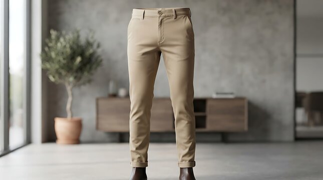 Stylish beige chino pants paired with dark brown shoes in a modern minimalist interior setting.