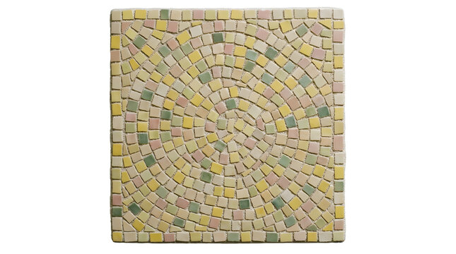 A square handmade mosaic tile with a circular pattern in pastel yellow green and pink colors