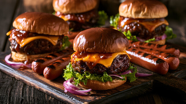 smoked meat burgers and hot dogs. Include a copy space image for customization
