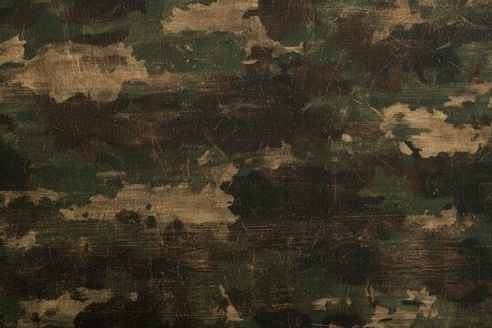 A worn, scratched camouflage surface with a distressed texture showing shades of green, brown, and black paint peeling off.