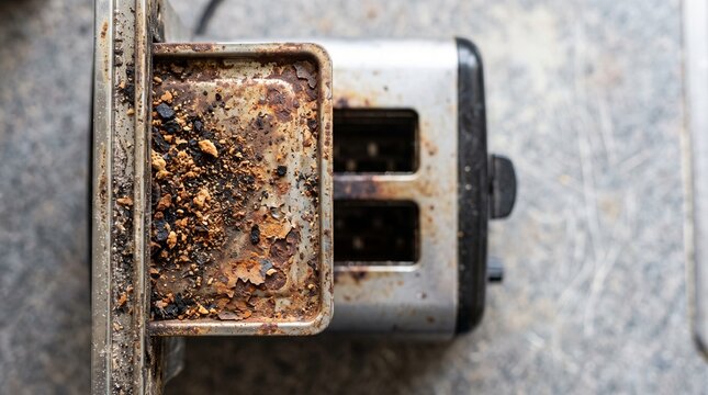 Dirty toaster crumb tray and old kitchen appliance. Covered in rust and burnt crumbs