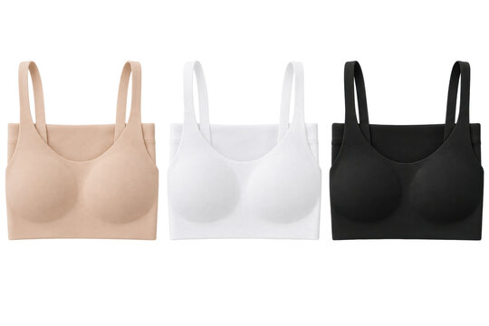 Women's seamless camisole bra three-pack, stretch microfiber, nude beige, white and black, wide straps and smooth molded cups. Flat lay isolated on white background for lingerie retail.