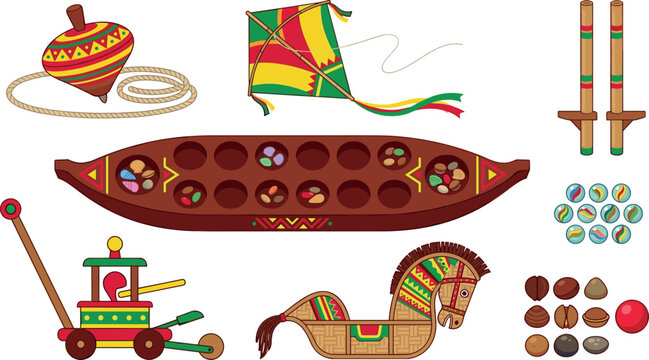 Traditional Southeast Asian Folk Toys and Games Vector Set Featuring Congkak Board, Gasing Top, Wau Kite, Marbles, Egrang Stilts, and Heritage Crafts