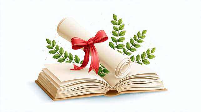 An open book with a rolled diploma tied with a red ribbon, surrounded by green laurel branches symbolizing achievement and education.