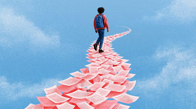 A person with a backpack walks on a winding path made of scattered papers against a blue sky.