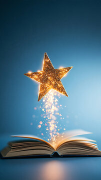A glowing star rises magically from an open book, casting sparkling light against a soft blue background, symbolizing imagination and inspiration.
