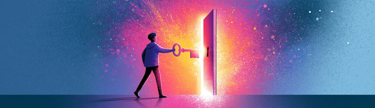 A person is holding a large key, unlocking a glowing door surrounded by vibrant light and cosmic particles.