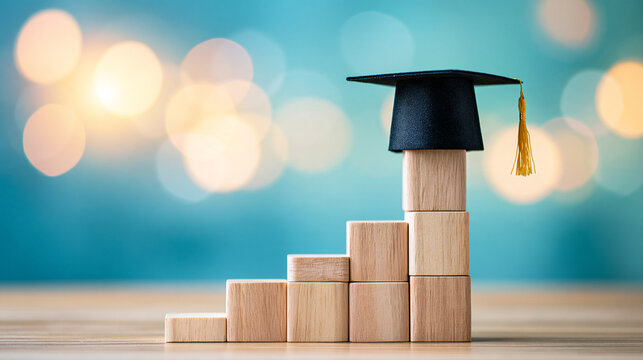 Wooden blocks stacked like a rising bar chart with a graduation cap on top, symbolizing educational growth and success.