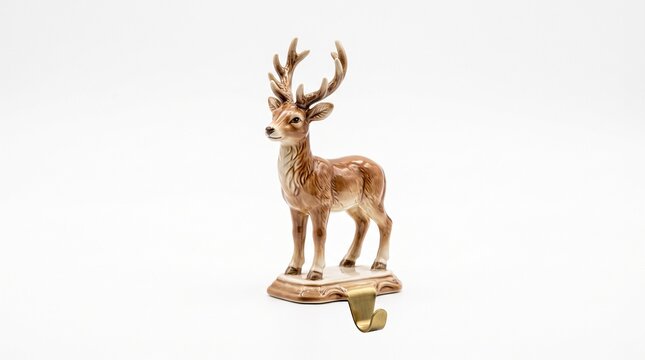 Ceramic deer figurine stocking holder with metal hook