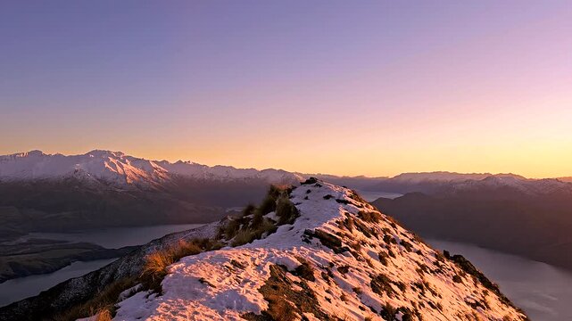sunrise in the mountains at Roys Peak Lookout, Wanaka, New Zealand