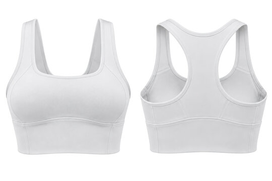 Women's racerback sports bra, stretch microfiber, white, front and back view with wide underband. Multi-view product image isolated on white background for activewear retail.