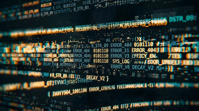 Abstract cybersecurity data breach background | Computer error 404 system failure code | Digital glitch effect software programming script | Cyber security hacking and server log concept