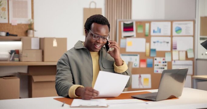 Small business, man or document with phone call for shipping contract renewal, book load or laugh. Tech, happy black person or contact fleet broker for cargo manifest, delivery quote or logistic joke