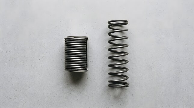 Industrial Metal Steel Coil Springs on Concrete Background - Mechanical Engineering and Automotive Hardware Components.
