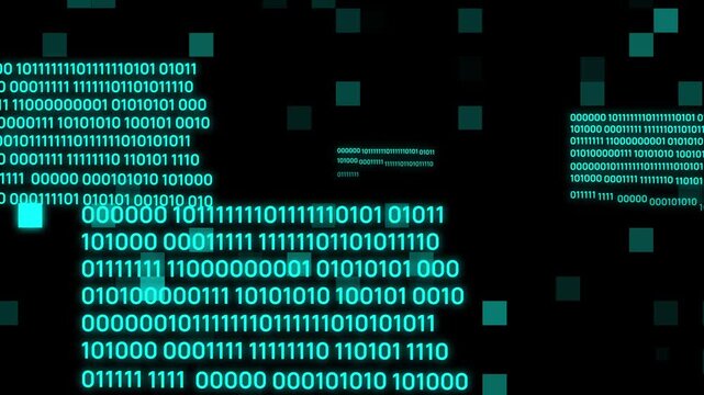 Abstract digital binary code data stream background animation with cyan pixels