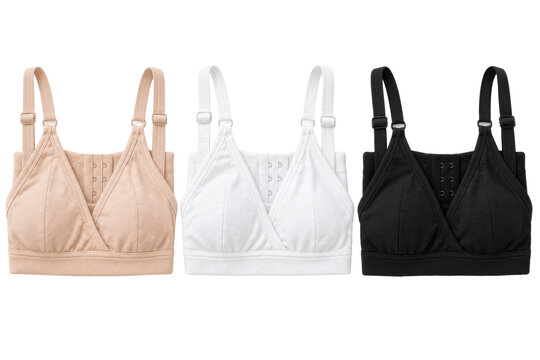 Women's wireless nursing bra three-pack, cotton microfiber, nude beige, white and black, wrap cups and broad underband. Flat lay isolated on white background for lingerie retail.