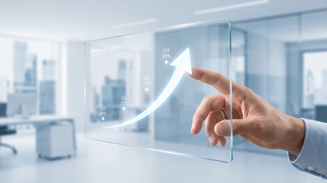 Hand touching transparent glass screen displaying upward revenue trend arrow and quarterly growth statistics, business success and financial performance analysis concept in office
