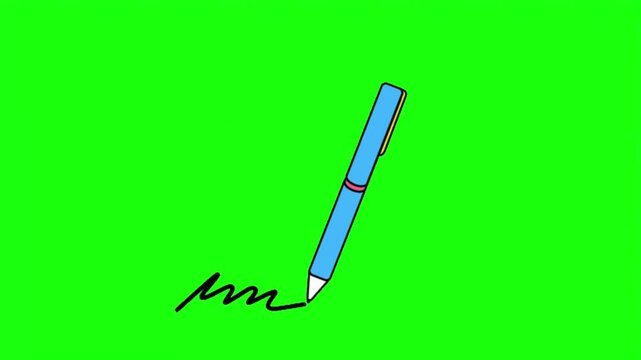 Blue writing pen scribbling vector illustration isolated on bright green screen background overlay.