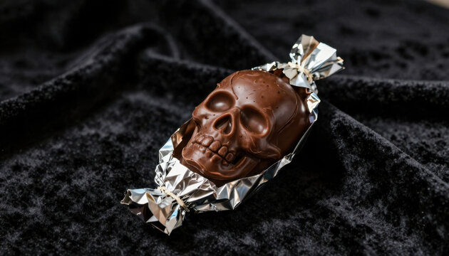 a chocolate skull wrapped in foil on a dark velvet background