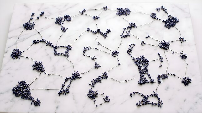 Dried lavender buds arranged in constellation pattern on white marble
