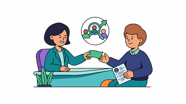 Two cartoon figures conduct a business transaction with one receiving cash