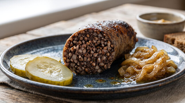 Hyper Realistic 9K Eye Level Macro Close Up Ukrainian Kyshka Blood Sausage with Buckwheat Food Photography