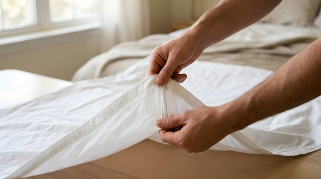 Hands of a person smoothing out and tucking a crisp white linen sheet onto a bed in a bright bedroom.