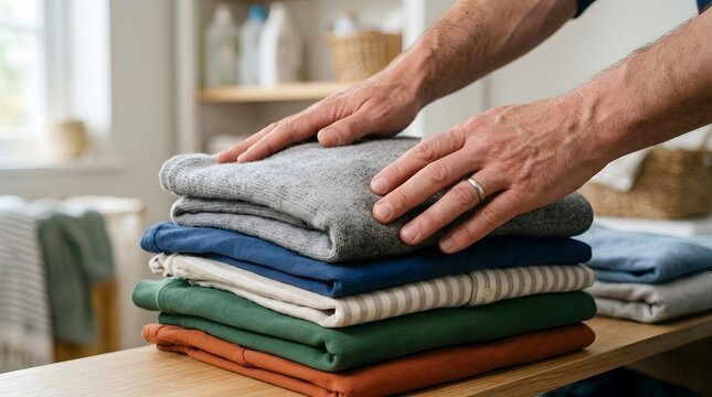 Hands of a man gently patting a neat stack of freshly folded colorful laundry on a wooden surface.