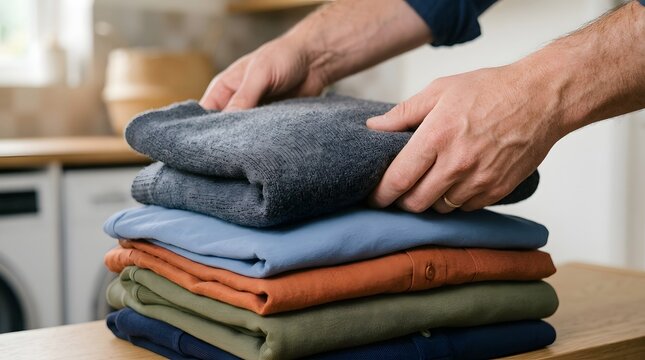 Hands of a man placing a folded grey sweater onto a neat stack of colorful laundry on a wooden counter.