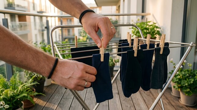 Drying rack on a sunny balcony is used by a man hanging dark socks with wooden clothespins.