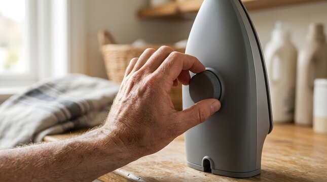 Hand turning the control knob of a modern grey garment steamer on a rustic wooden countertop.