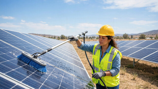 Female Solar Farm Worker Cleaning Solar Panels with Extension Brush under Bright Sunny Sky