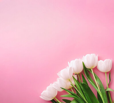 White tulips blooming on a minimalist pink background, representing natural beauty, tenderness, and a fresh start
