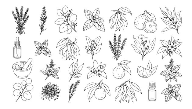 Essential oil botanicals hand drawn line art set for skincare packaging aromatherapy labels natural cosmetics and branding