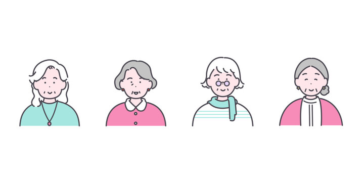 シニア女性4人のイラスト素材セット