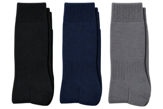Unisex knee high sock three-pack, cotton knit, black, navy and grey, solid color and smooth ribbed cuff. Flat lay isolated on white background for hosiery retail.