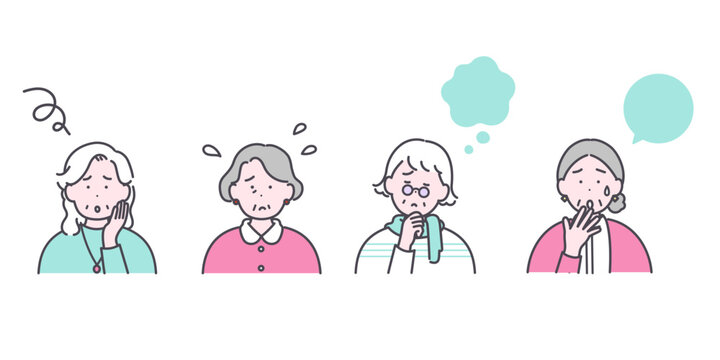 悩みや不安を感じるシニア女性4人のイラスト素材
