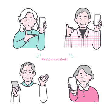 スマホを持っておすすめするシニア男女4人のイラスト素材