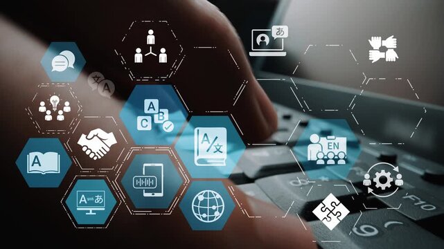 Translation icons show international languages, interpretation, and communication. Translation helps global business, translation supports learning, and translation improves cultural exchange. Funnel