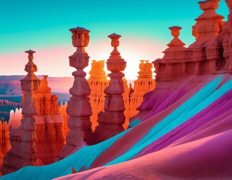 Retro synthwave neon vector illustration of Spire-like rock hoodoos of Bryce Canyon in warm sunlight