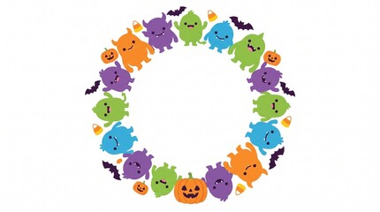 Fototapeta premium Colorful Halloween Wreath Frame Design With Cute Spooky Monsters And Copy Space Isolated On White Background