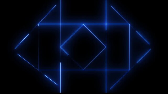 Abstract blue neon geometric lines forming a futuristic HUD interface, digital grid, and technology pattern on a black background.
