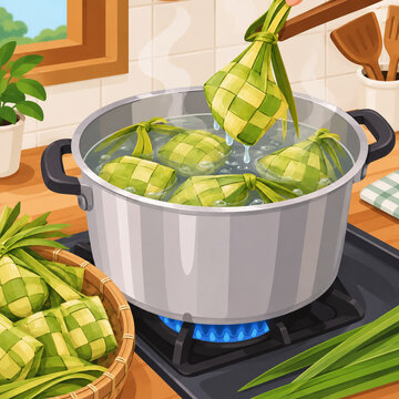 cooking ketupat on the stove