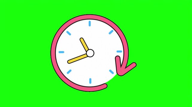 Pink wall clock with counterclockwise arrow 2d icon isolated on bright green screen background.