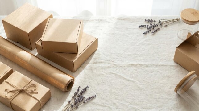 Sustainable cardboard packaging with dried lavender on linen.