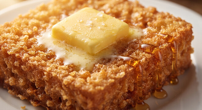 Extreme macro shot focusing on a golden square pat of salted butter melting over the crispy, deep-fried surface of a thick Hong Kong French Toast, 