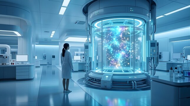 Scientist observing glowing energy inside a futuristic laboratory chamber